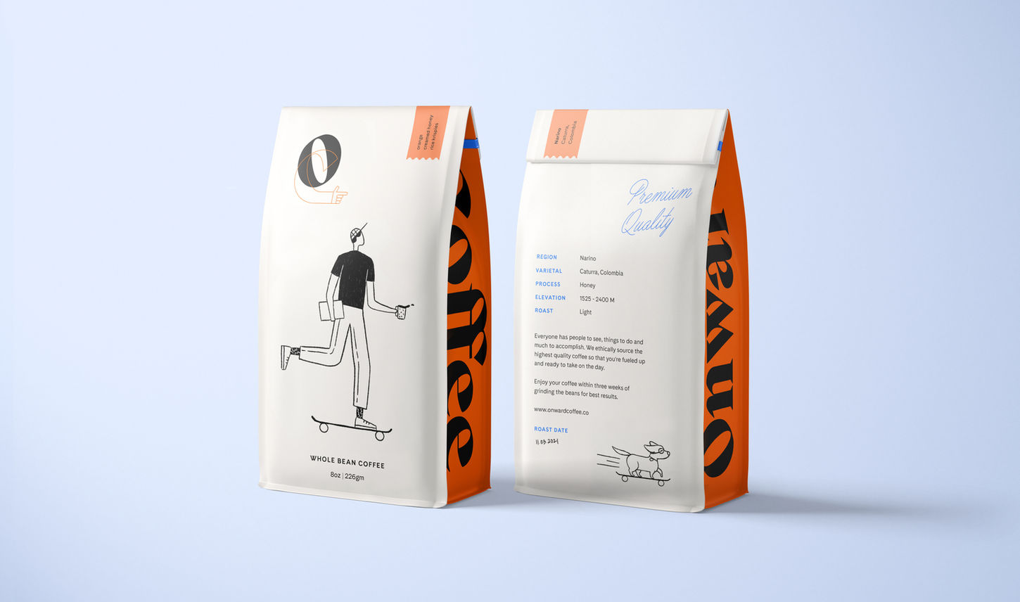 Blue, orange and black coffee packaging for a coffee shop and coffee brand
