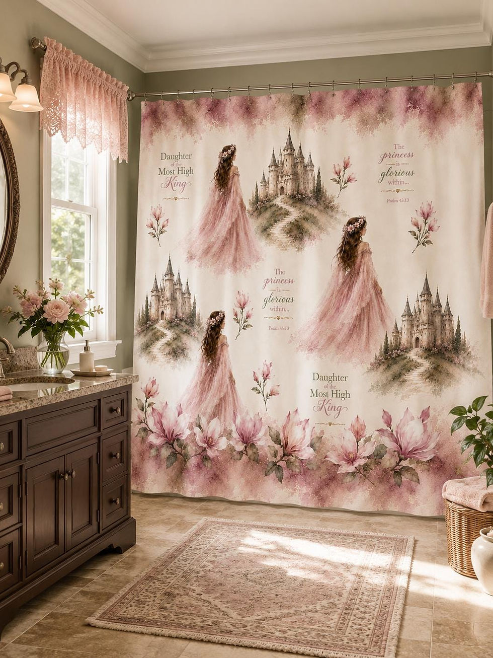 Thumbnail: Christian Shower Curtain, Pink Floral Shower Curtain, Princess Bathroom Decor