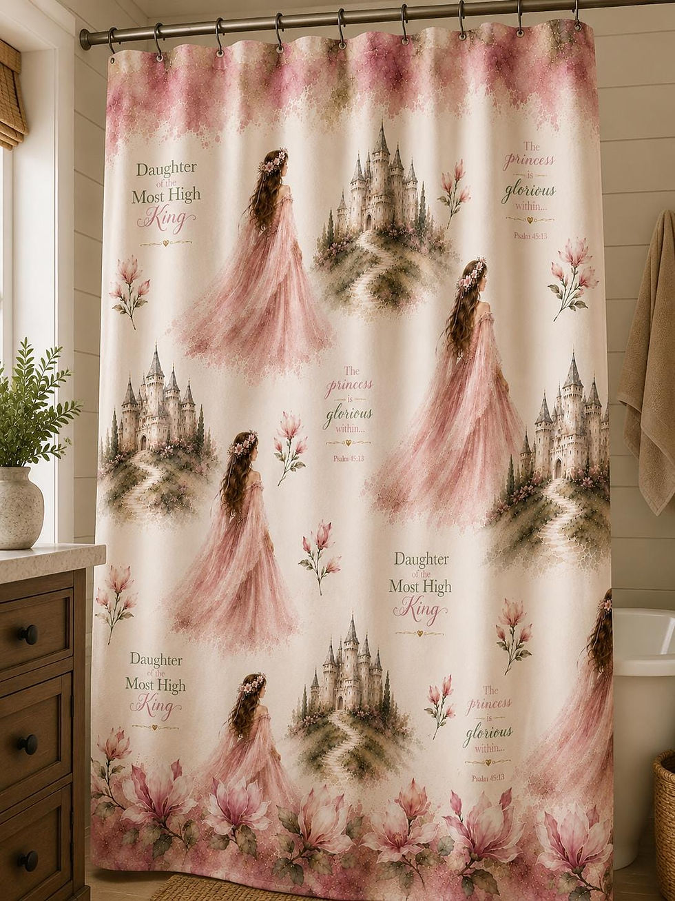 Thumbnail: Christian Shower Curtain, Pink Floral Shower Curtain, Princess Bathroom Decor