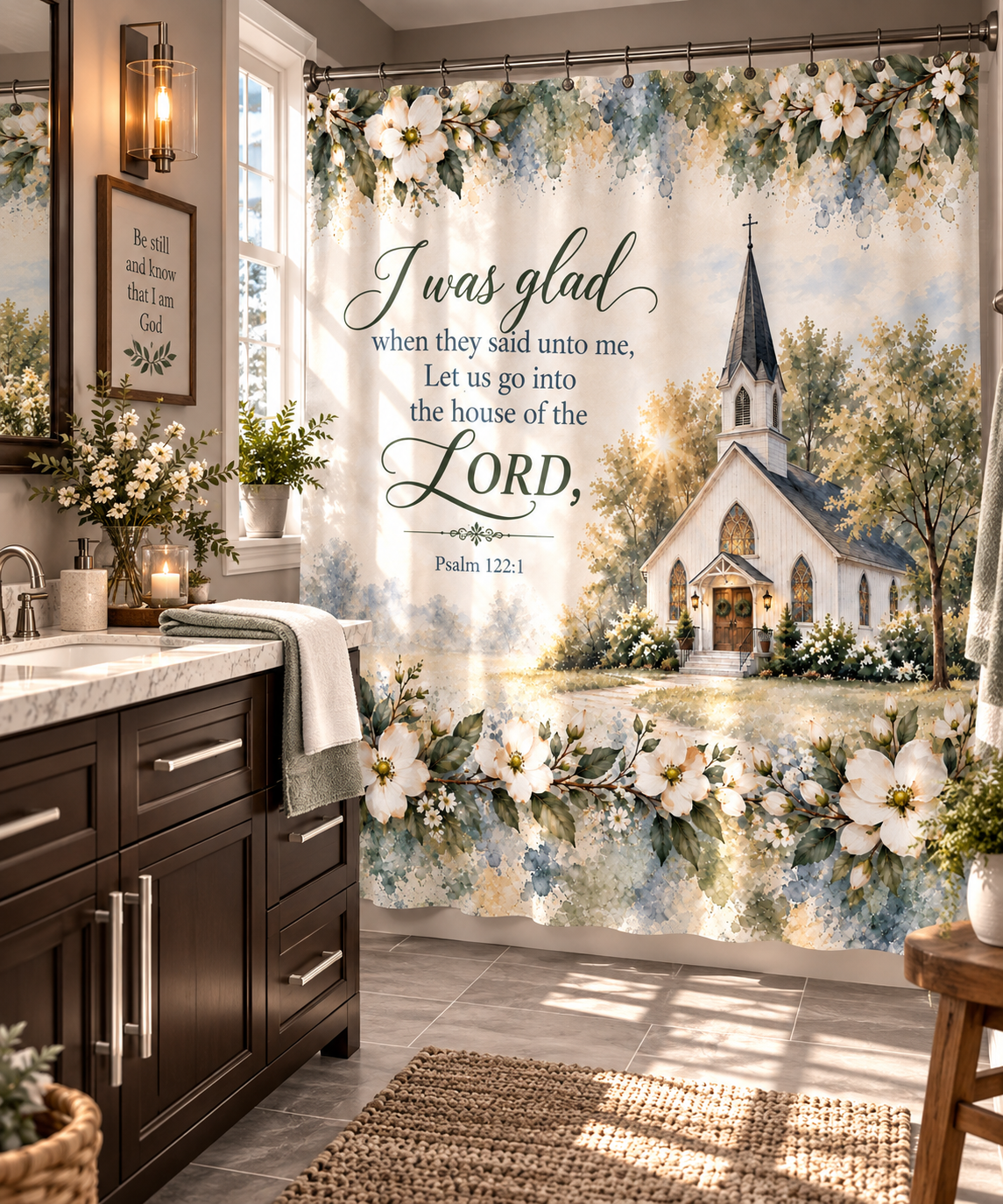 Christian church shower curtain with Psalm 122:1 scripture, white flowers and rustic chapel in an elegant farmhouse bathroom.