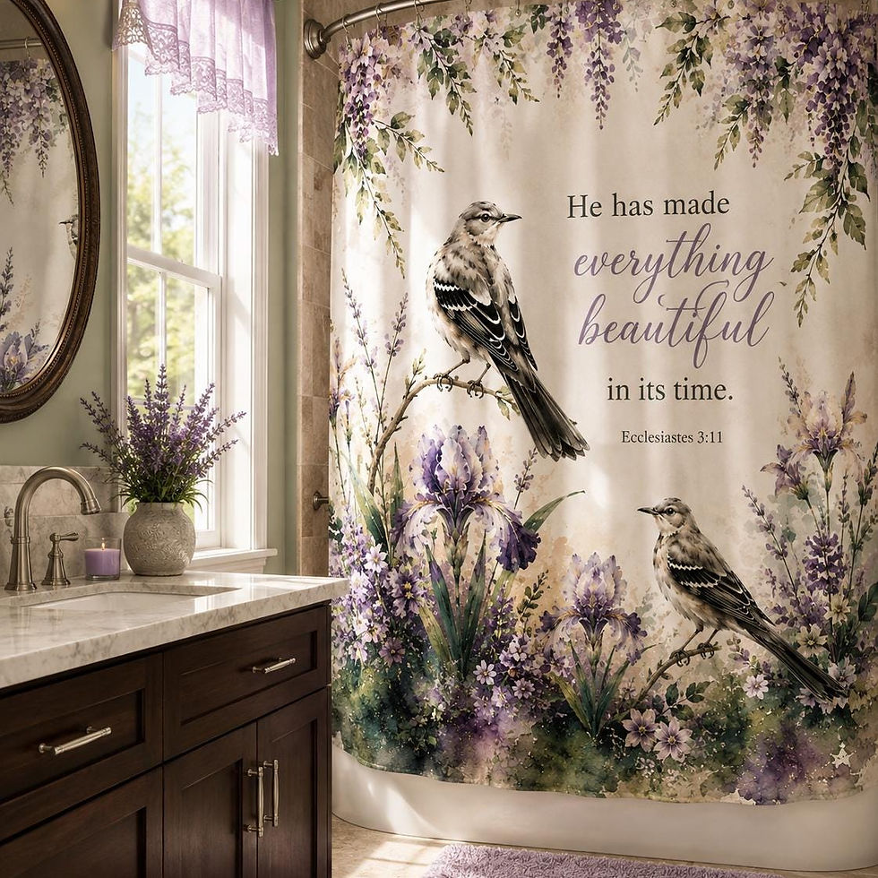 Thumbnail: Christian Shower Curtain, Bible Verse Shower Curtain, Purple Floral Bird Decor
