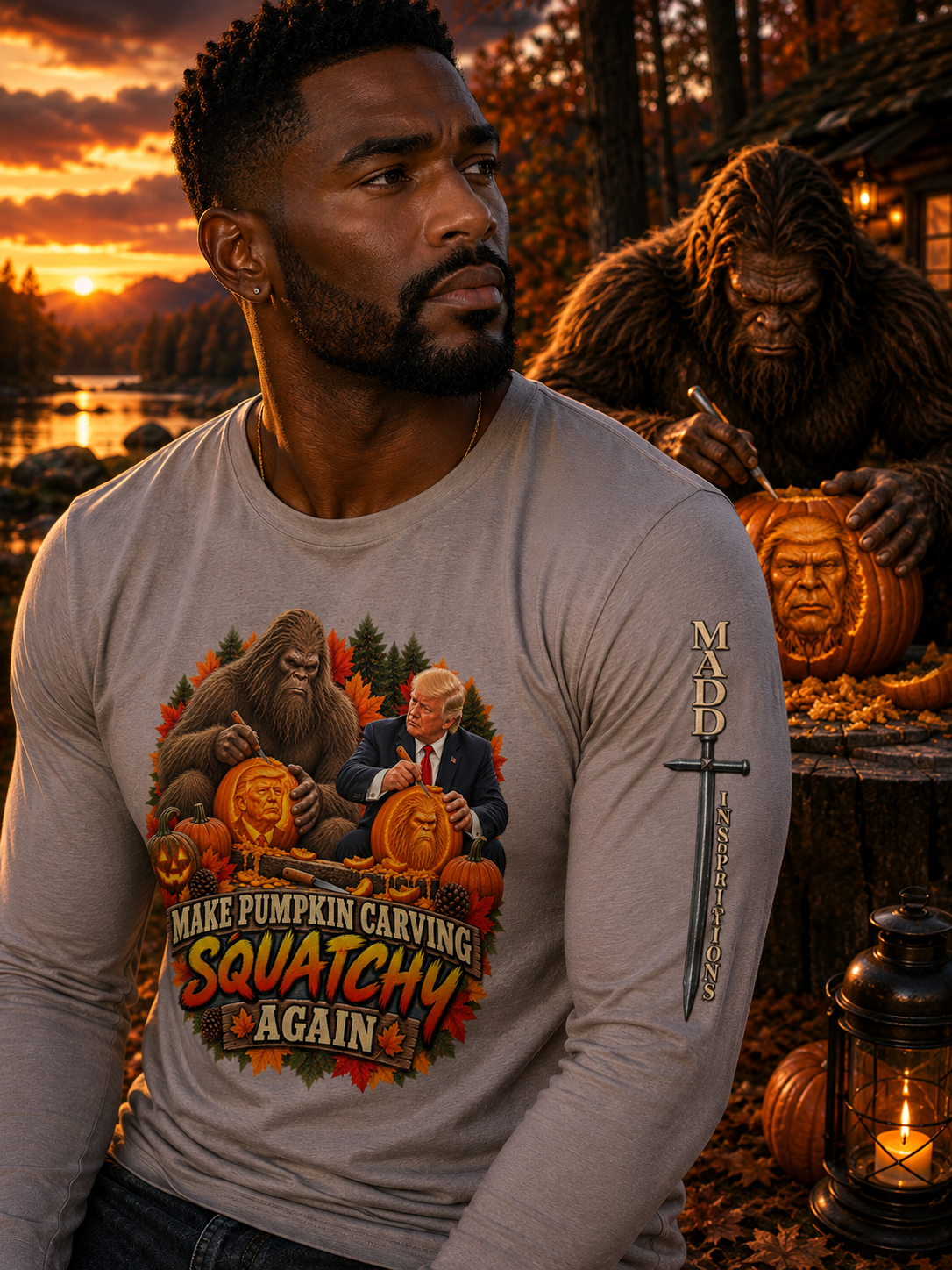 Bigfoot Sasquatch Halloween Pumpkin Shirt | Funny Fall Graphic Tee for Men