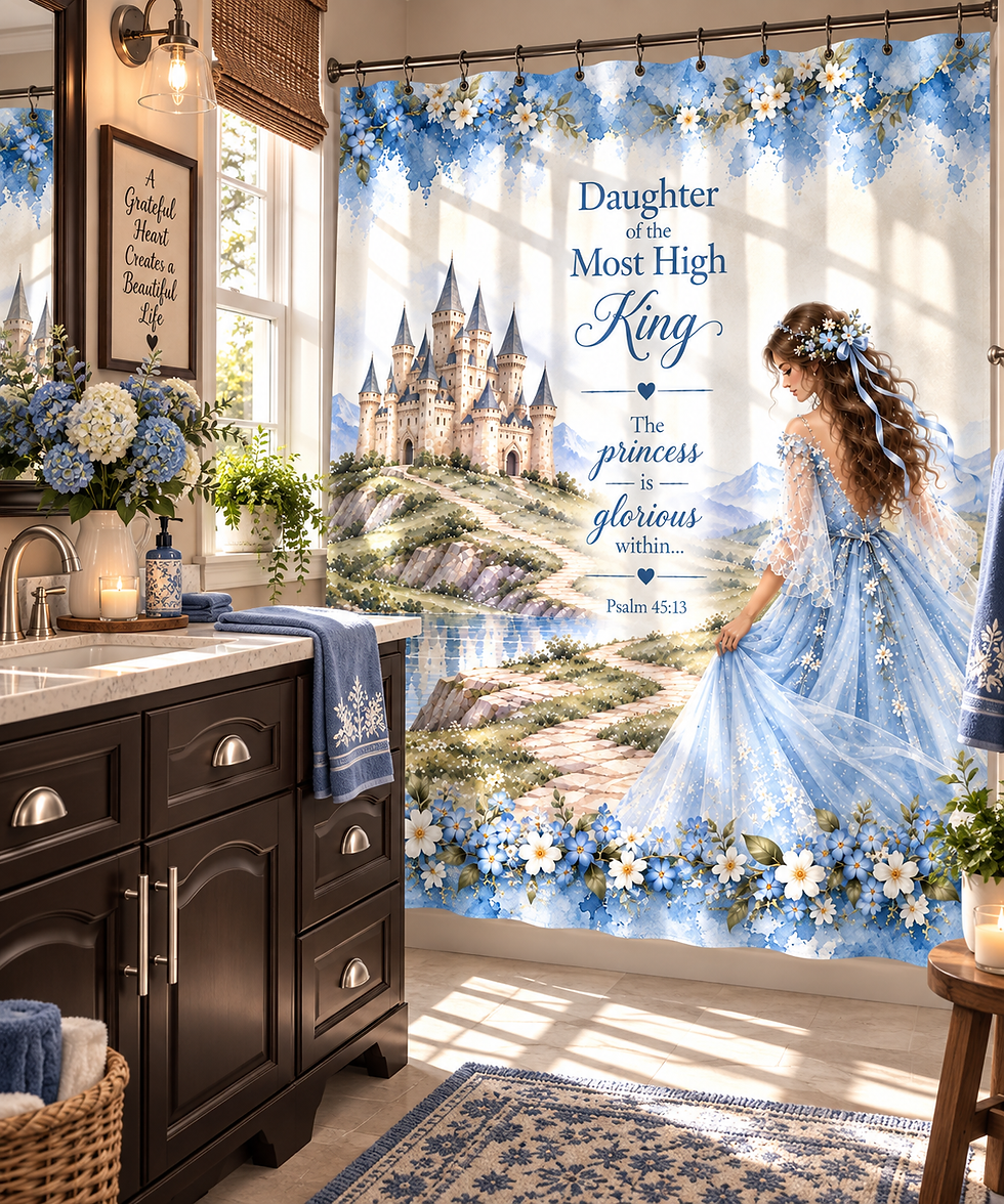 Thumbnail: Christian princess shower curtain with blue gown, castle artwork and Daughter of the Most High King lettering in an elegant b