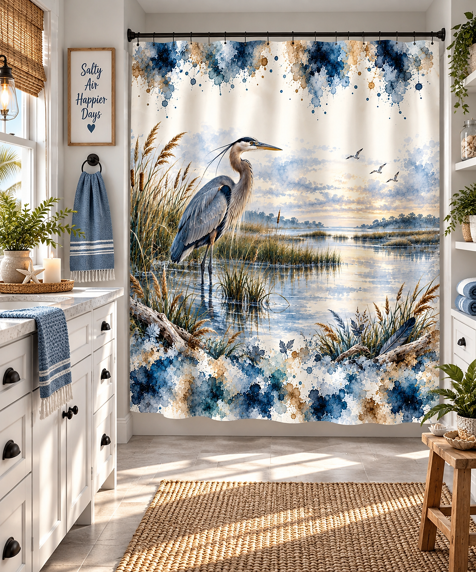 Thumbnail: Great blue heron shower curtain with marshland bird artwork, coastal grasses and blue floral border in a bright bathroom with