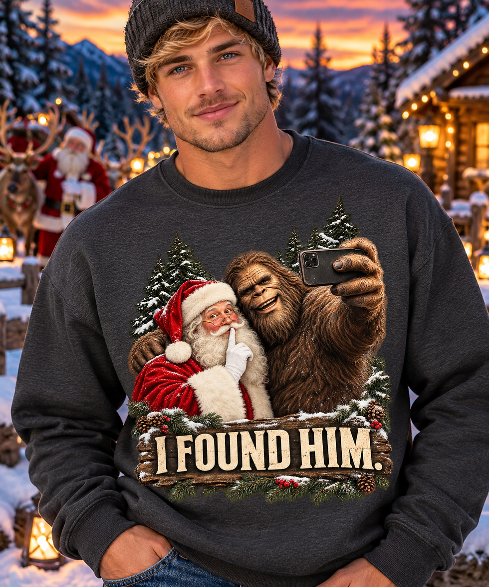 Sasquatch Christmas sweatshirt featuring Bigfoot and Santa Claus in a festive winter scene, modeled by a man wearing dark hea