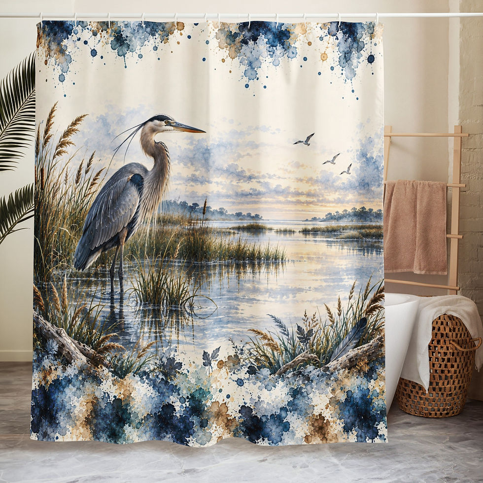 Thumbnail: Great blue heron shower curtain featuring coastal marsh scenery, peaceful water, shorebirds and blue floral accents in a rust