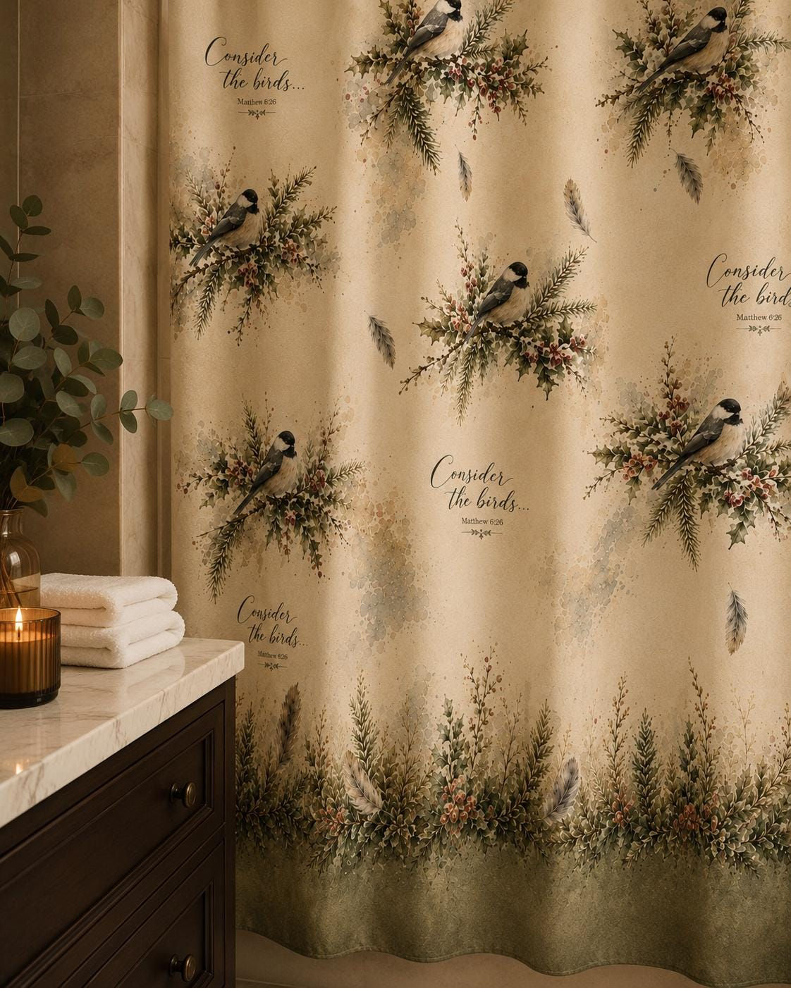 Bird Shower Curtain, Botanical Shower Curtain, Farmhouse Bathroom Decor