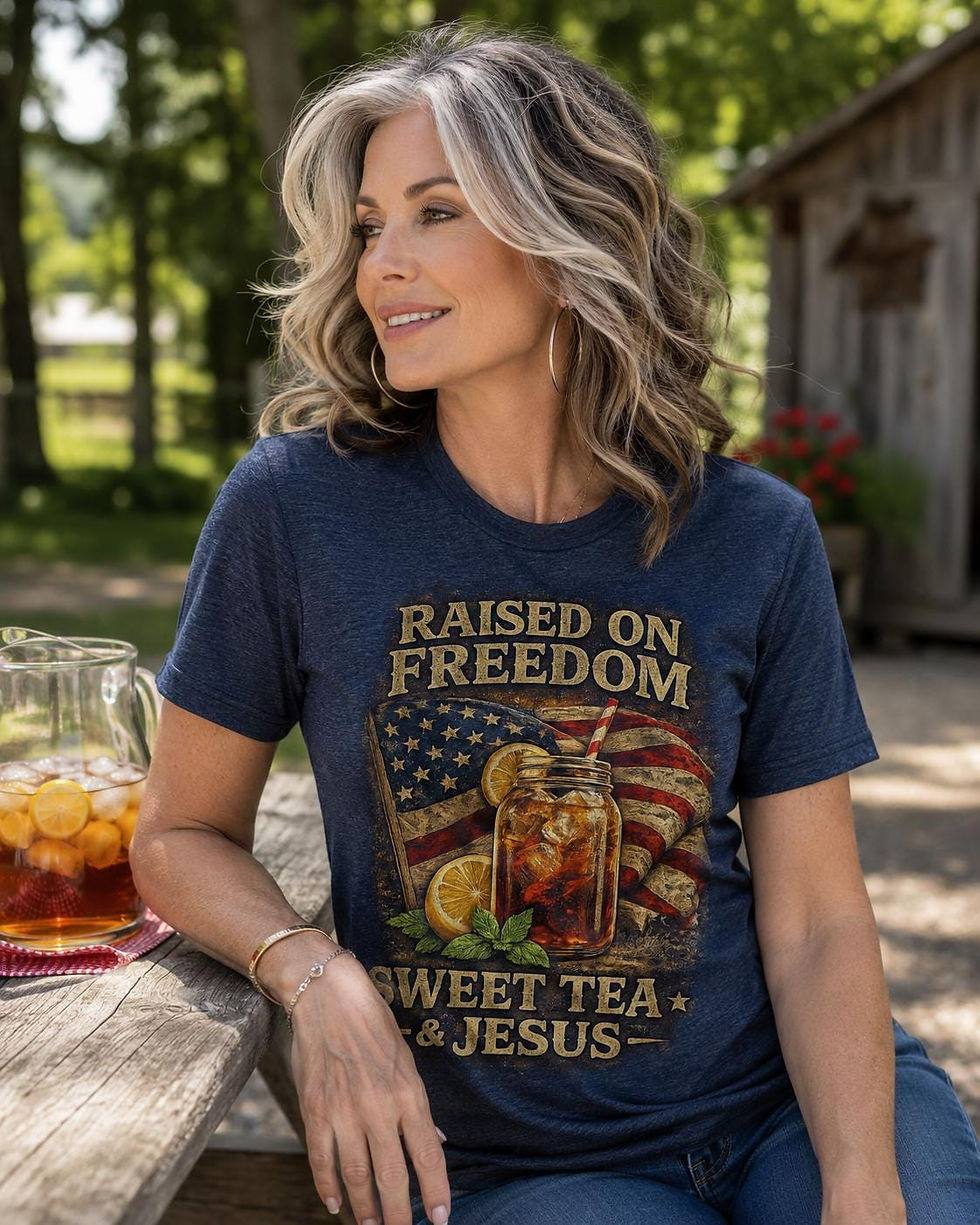 Thumbnail: Raised on Freedom Sweet Tea & Jesus Shirt, Patriotic Christian Shirt