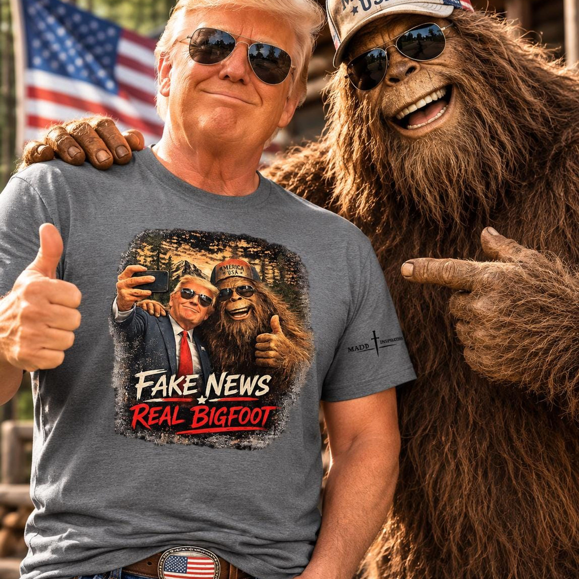 Fake News Real Bigfoot Shirt, Funny Trump Bigfoot T-Shirt, Sasquatch Selfie Tee