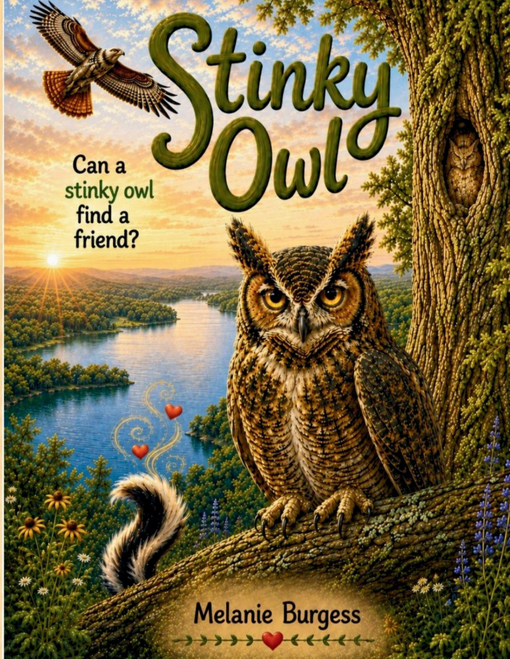 Stinky Owl children's owl book cover featuring a Great Horned Owl