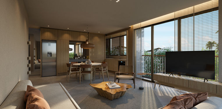 Sala com Vista para a Varanda Gourmet do Apartamento de 2 Quartos no Beach Class Manguinhos