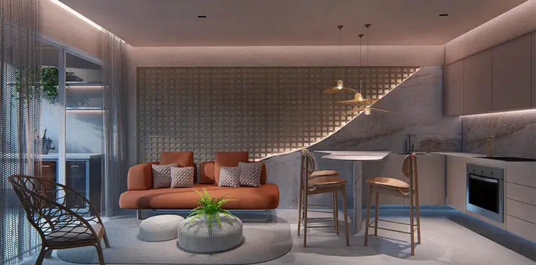 Sala e Cozinha do Apartamento de 2 Quartos no My Beach Experience