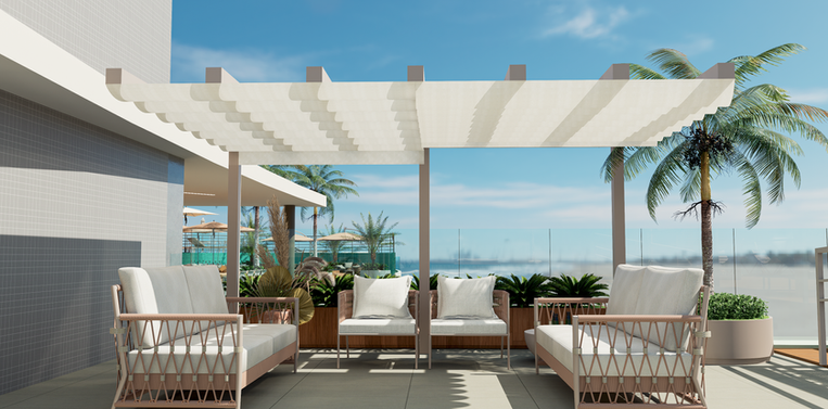 Área de Convivência na Cobertura do Green Sea Essence com Gazebos e Lounge em Cena Matutina