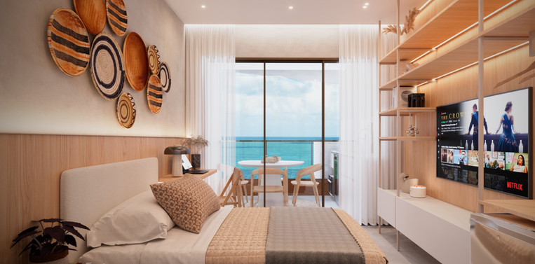 Flat Studio lateral no Atlantis Garden com Ambientação clean