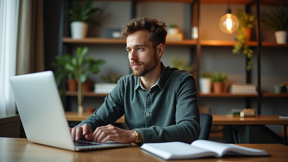 Eye-level view of a Christian entrepreneur working on a laptop in a cozy office space