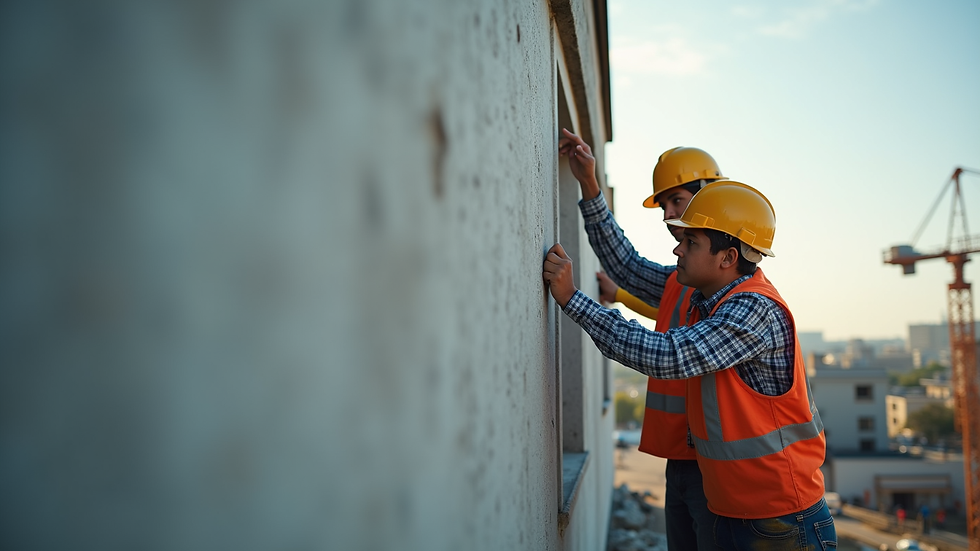 Close-up view of construction workers repairing a building wall