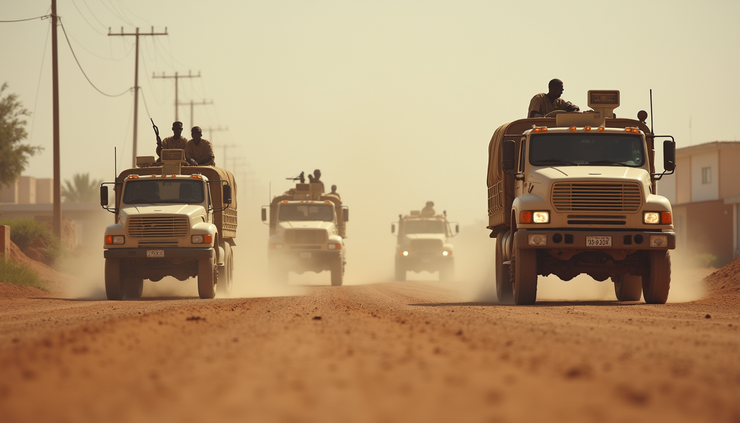 Eye-level view of a dusty West Darfur town with military vehicles approaching