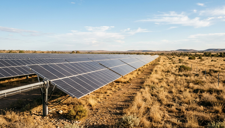 Eye-level view of solar panels near dry grassland in Australia