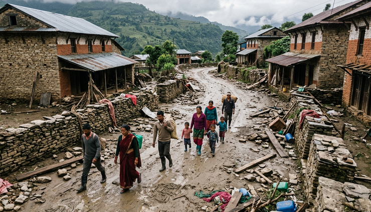 High-angle view of people walking through a muddy flood-damaged road in Nepal