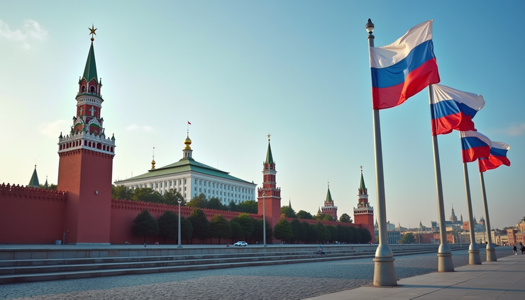 Eye-level view of the Kremlin in Moscow with Russian flags fluttering