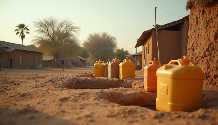 Eye-level view of a rural Sudanese village with water containers near a communal well