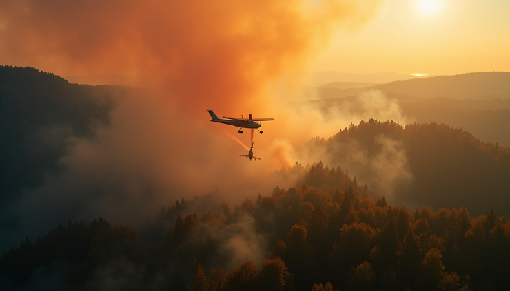 Eye-level view of firefighting aircraft releasing water over forest fires in Serbia