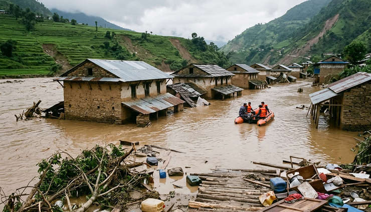 Wide-angle view of a flooded Nepal valley with damaged homes near a muddy river