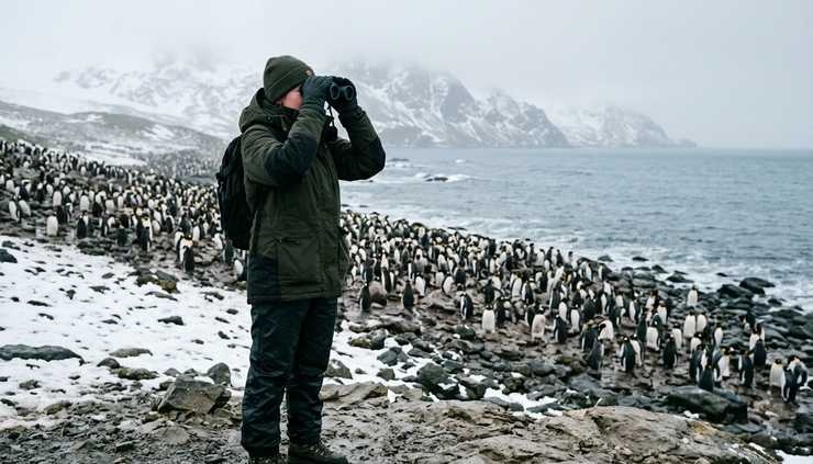 Eye-level view of a researcher observing penguins from a safe distance.