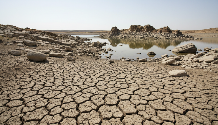 Close-up of dry cracked earth beside a nearly empty reservoir
