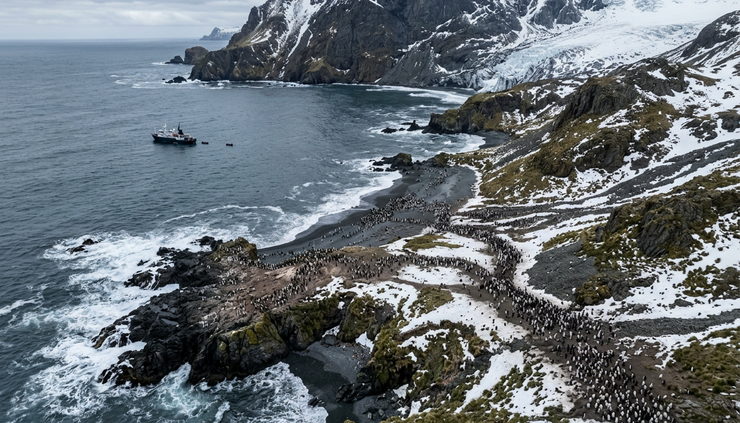 Aerial view of penguins scattered across a rugged island coastline.