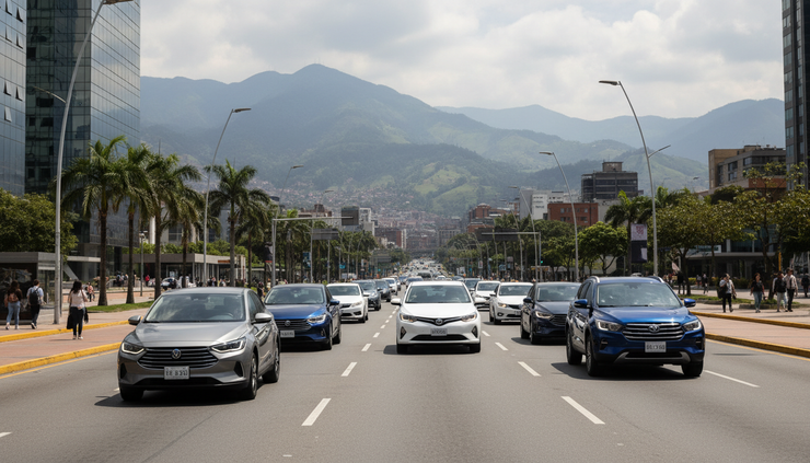 Eye-level view of hybrid and electric cars moving through a Colombian avenue