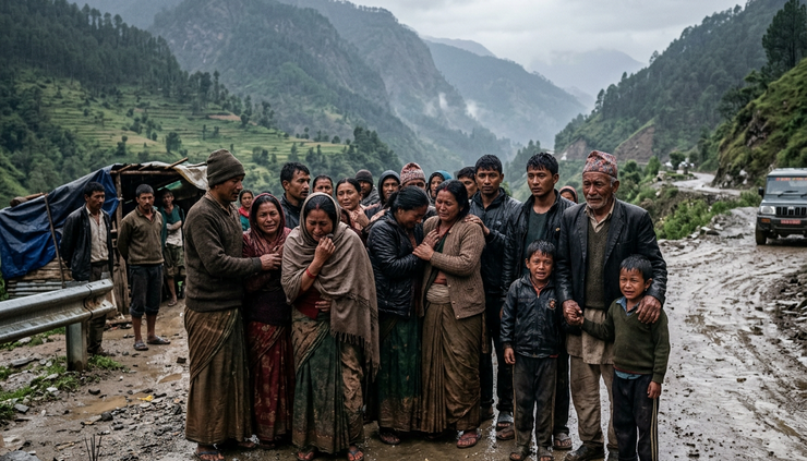 Eye-level view of grieving families gathered near a roadside in rural Nepal