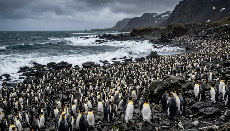 Wide-angle view of a dense penguin colony on a rocky subantarctic shore.
