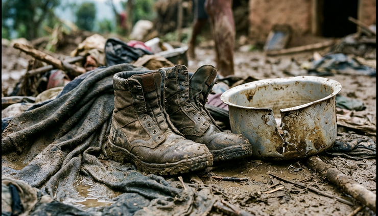 Close-up of muddy rescue boots beside a broken household item after flooding
