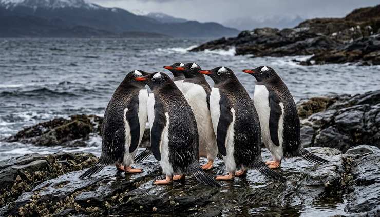 Close-up of penguins standing together on dark coastal rocks.