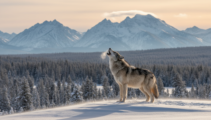 Wide-angle view of a gray wolf howling on a snowy Yellowstone ridge.