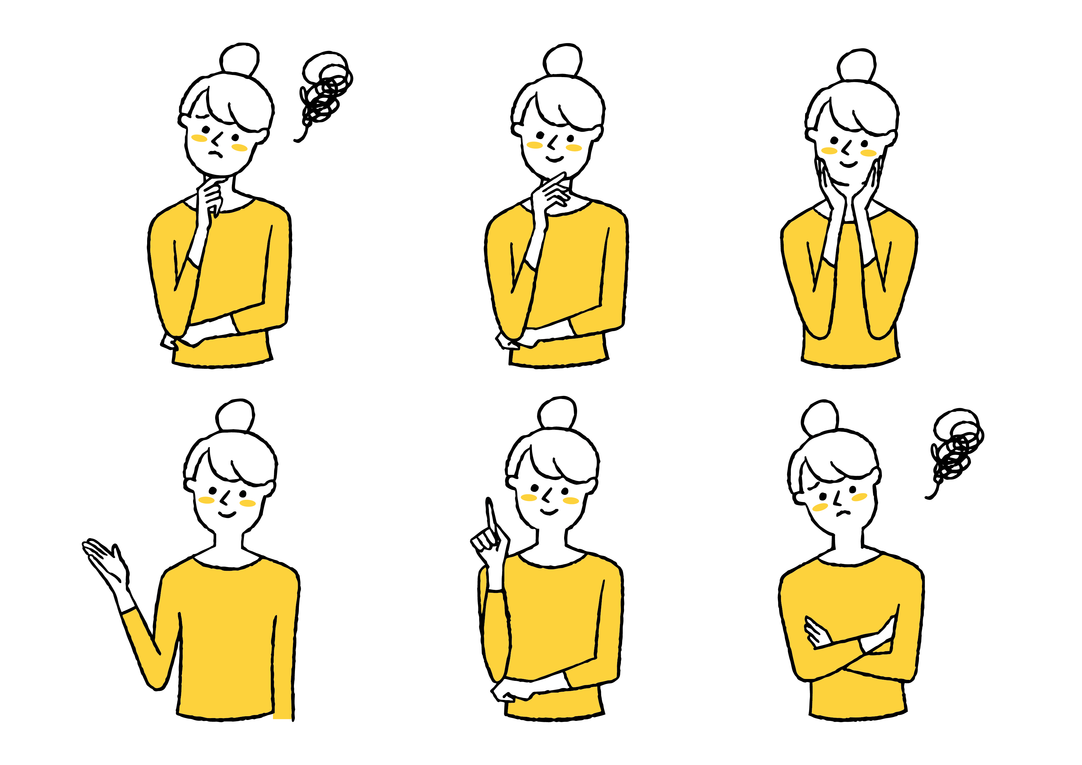 女性のイラスト。手で顔に触れ、腕を組み、悩む様子。