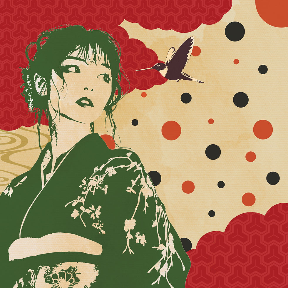 着物姿の女性と飛ぶ鳥、背景に赤い模様