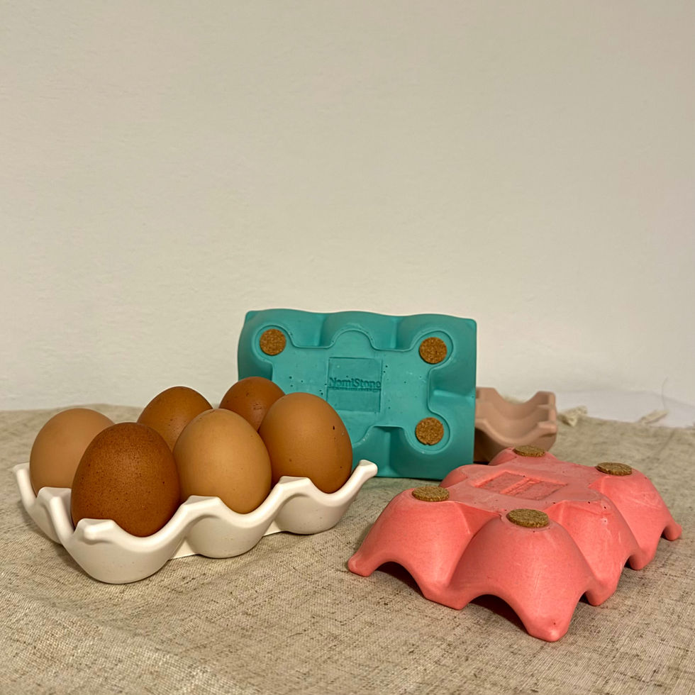 Thumbnail: Brown eggs in white holder, with pink, teal, and beige cartons.