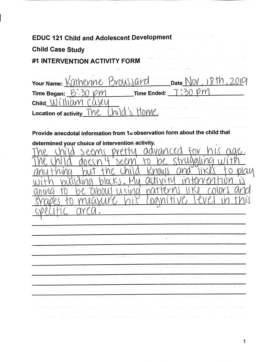 Child Case Study Intervention Activity 1