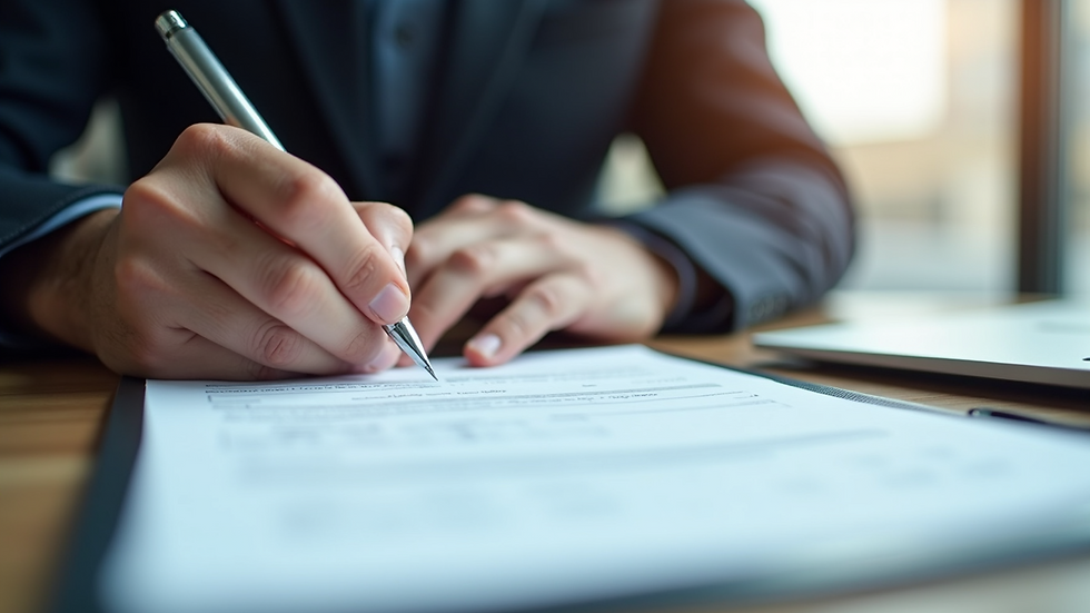 Close-up view of a person reviewing financial documents with a pen