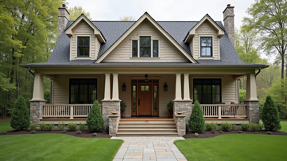 Eye-level view of a completed custom home with a welcoming front porch