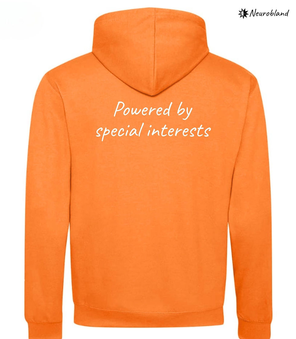 Thumbnail: Orange kids hoodie back with Powered by special interests