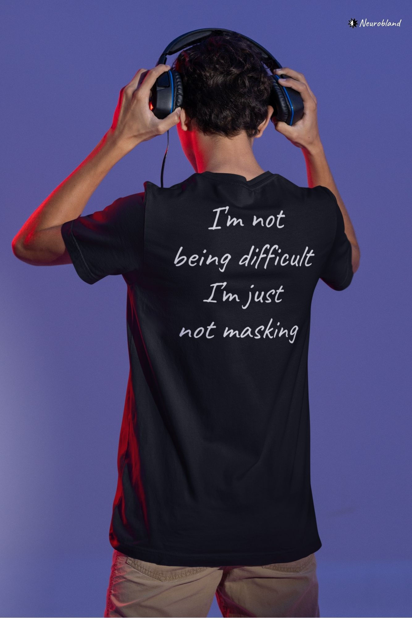 Person in a Just Not Masking T-Shirt wearing headphones