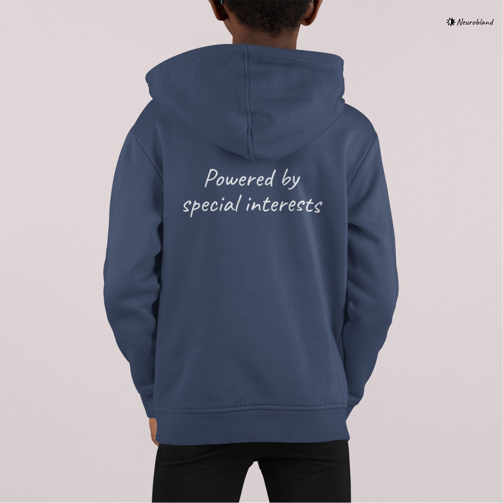 Kids hoodie: Powered by special interests text on the back