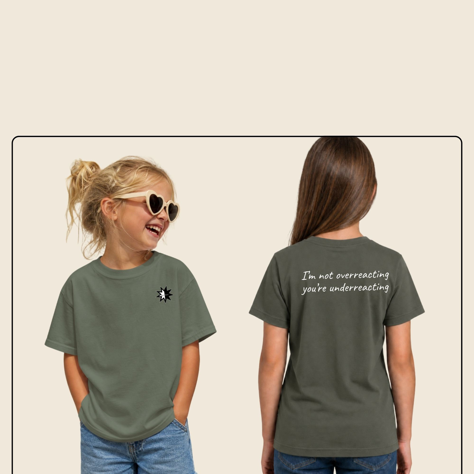 Kids t shirts showing front and back with I'm not overreacting text
