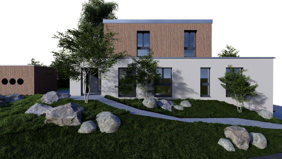 Modernes Einfamilienhaus in Lyss mit Felsen und Reutiger-Mergelweg und Blumenwiese.