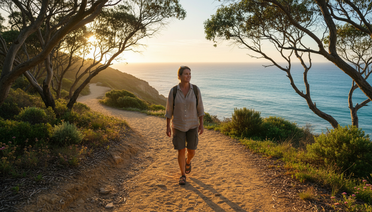 Wide-angle view of a person walking on a coastal track at sunrise.