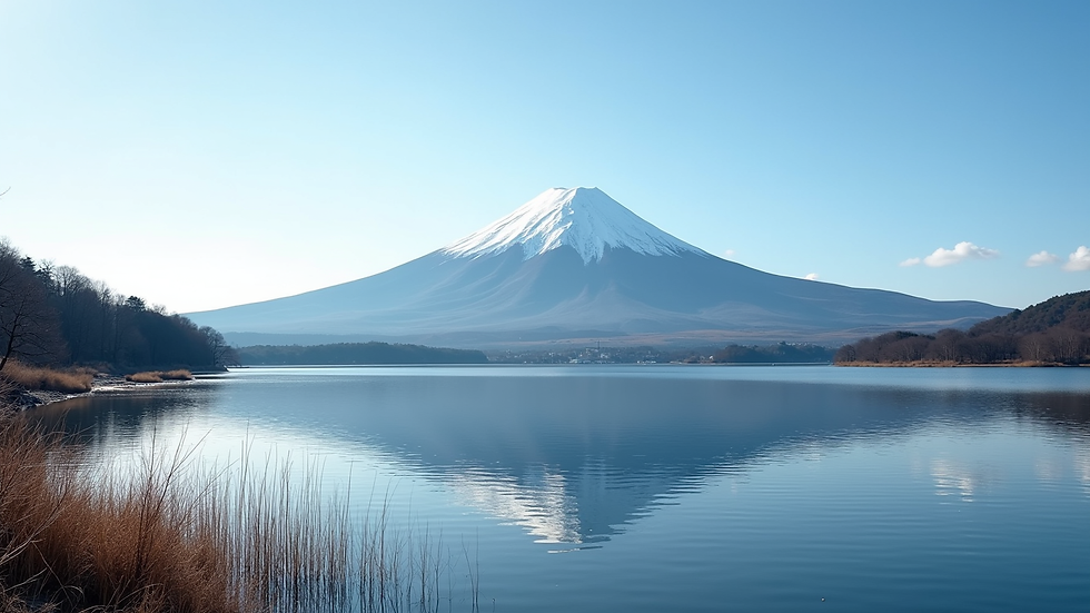 High angle view of Mount Fuji seen from Kawaguchiko Lake with clear skies