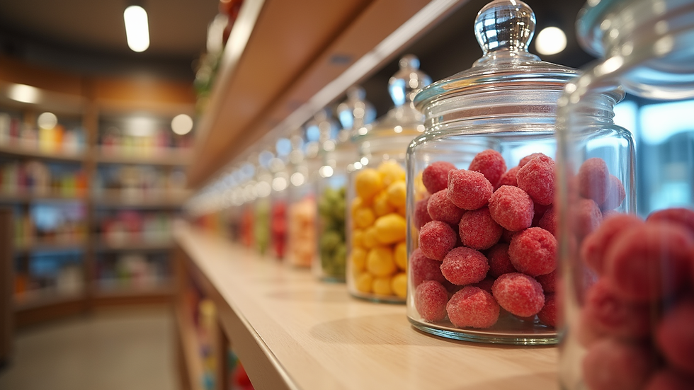 Eye-level view of a colourful candy counter with jars and sweets